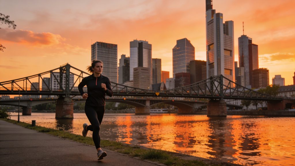 Läuferin joggt entlang des Mainufers bei Sonnenuntergang mit Frankfurter Skyline und Eiserner Steg im Hintergrund – Joggen Frankfurt