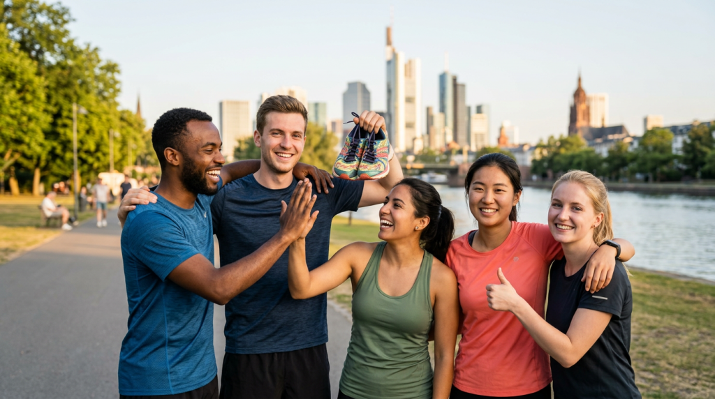 Freundliches Teamfoto von SportSpots.de: sechs lachende, diverse Sportler stehen locker zusammen im Stadtpark, einige in Laufkleidung mit Schuhen in der Hand, unscharfe Frankfurt-Skyline im Hintergrund
