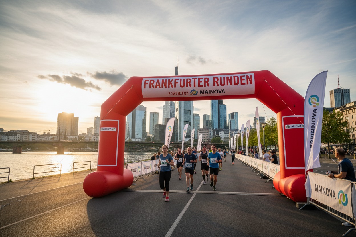 Frankfurter Runden powered by Mainova. Läufer laufen am Main bei einem Wettkampf.