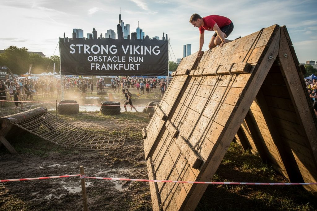 Strong Viking Obstacle Run Frankfurt. Teilnehmer überquert Hindernis.