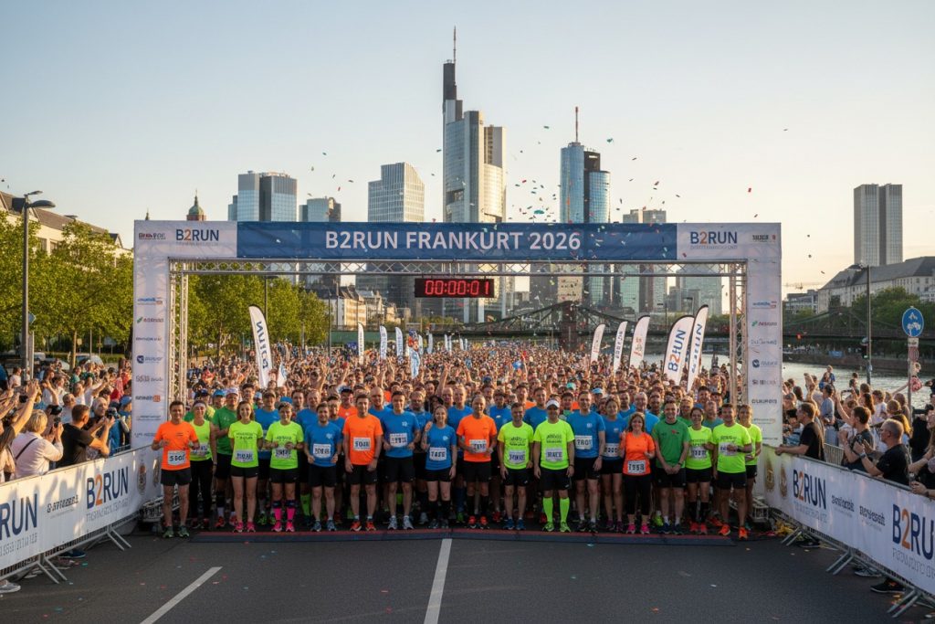 B2Run Frankfurt 2026 Firmenlauf. Läufer bereit zum Start des Laufes mit der Skyline von Frankfurt im HIntergrund.