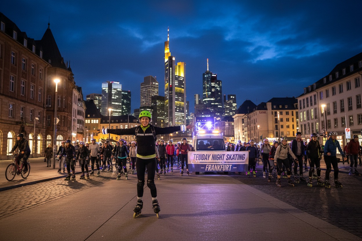 Gruppe von Inlineskater:innen fährt im dunklen Abendlicht durch die Innenstadt von Frankfurt, mit bunten Lichtern, Spielzeugrad‑Fahrzeugen voraus und einer langen Skater‑Kolonne – typische Tuesday‑Night‑Skating‑Atmosphäre mit vielen Skatern und Musik‑Vibes.