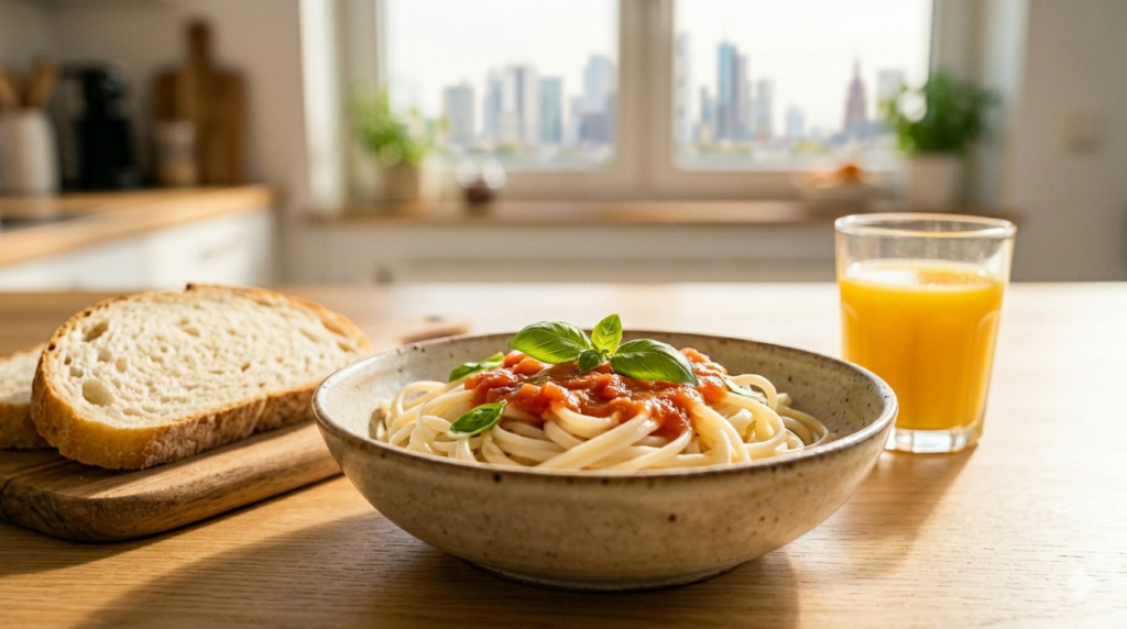 Ein Teller Pasta mit einfacher Tomatensauce und Weißbrot in einer hellen Küche – Symbol für das Carboloading in der Race-Week.