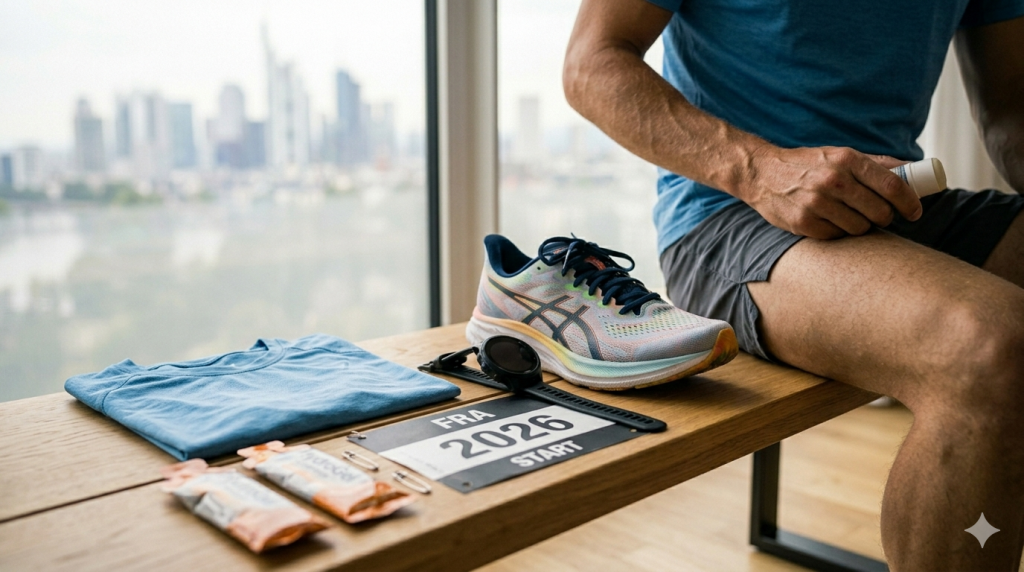 Gepackte Sporttasche mit Startnummer FRA 2026, Laufschuhen und Energie-Gels – Vorbereitung am Vortag des Rennens.