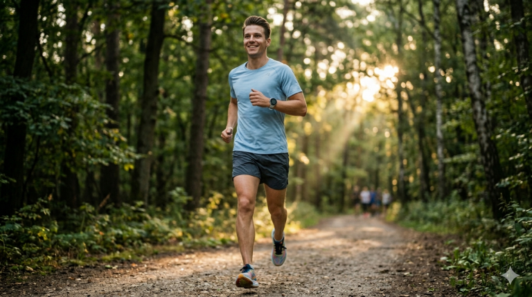 Laufanfänger joggt entspannt mit Sportuhr im Wald – Fokus auf richtiger Laufpace und Ausdauertraining.