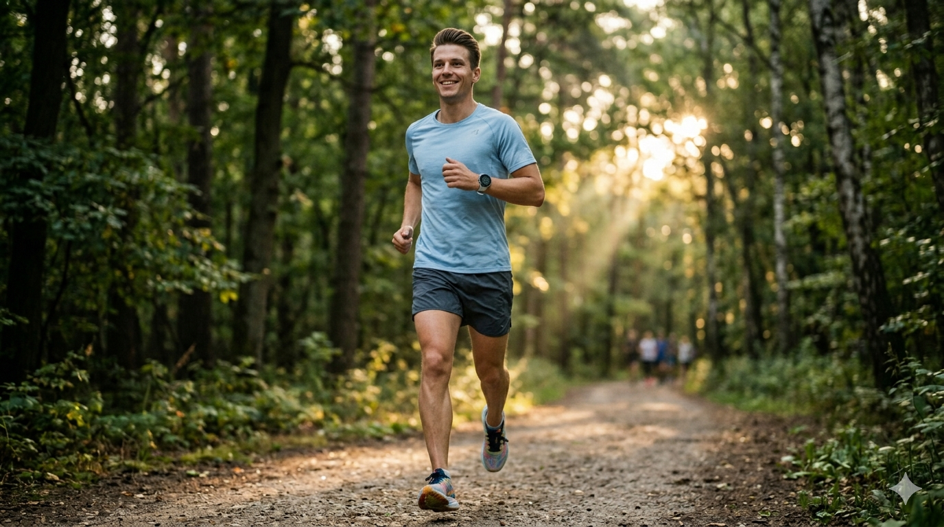 Laufanfänger joggt entspannt mit Sportuhr im Wald – Fokus auf richtiger Laufpace und Ausdauertraining.