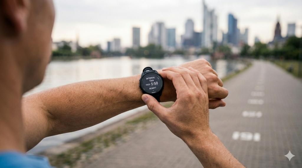 Laufanfänger stellt seine Garmin-Uhr für das Intervalltraining am Mainufer ein – Fokus auf die Pace-Anzeige.