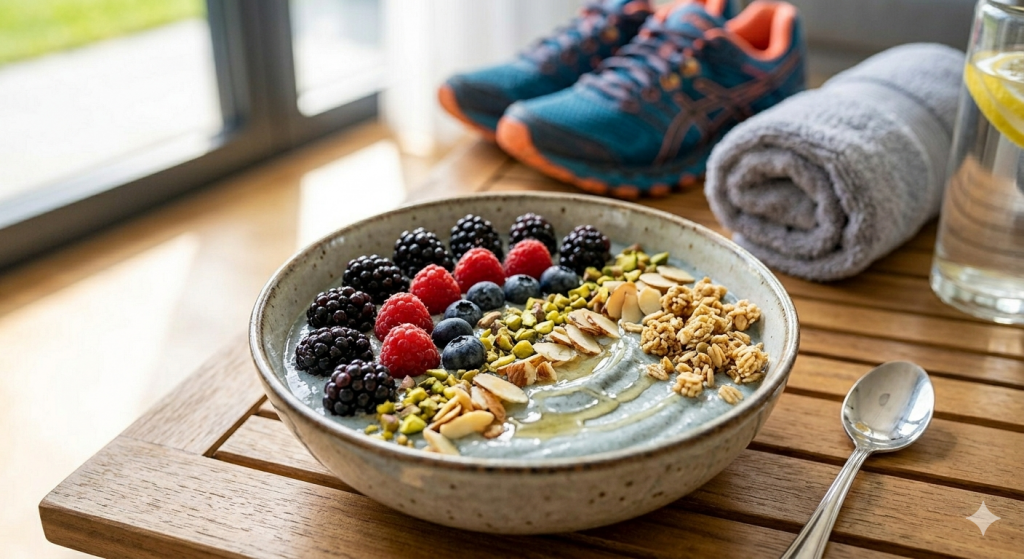 Eine ansprechend angerichtete Frühstücksschüssel (Smoothie Bowl) auf einem hellen Holztisch, getoppt mit frischen Brombeeren, Himbeeren, Blaubeeren, Granola und gehobelten Mandeln. Im unscharfen Hintergrund sind ein Paar blaue Laufschuhe, ein zusammengerolltes graues Handtuch und ein Glas Wasser mit einer Zitronenscheibe zu sehen, was die gesunde Mahlzeit in den Kontext der Post-Workout-Regeneration rückt.