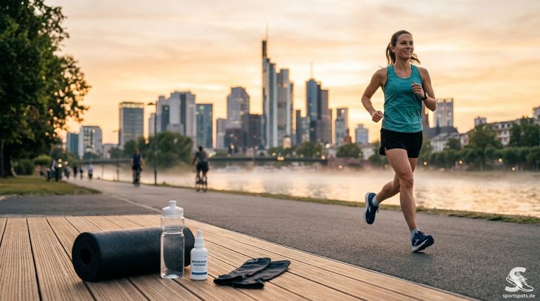 Eine glückliche Läuferin joggt locker am Mainufer in Frankfurt bei Sonnenuntergang, im Vordergrund liegen eine Faszienrolle, eine Wasserflasche, ein Magnesium-Fläschchen und Kompressionssocken bereit zur Regeneration.