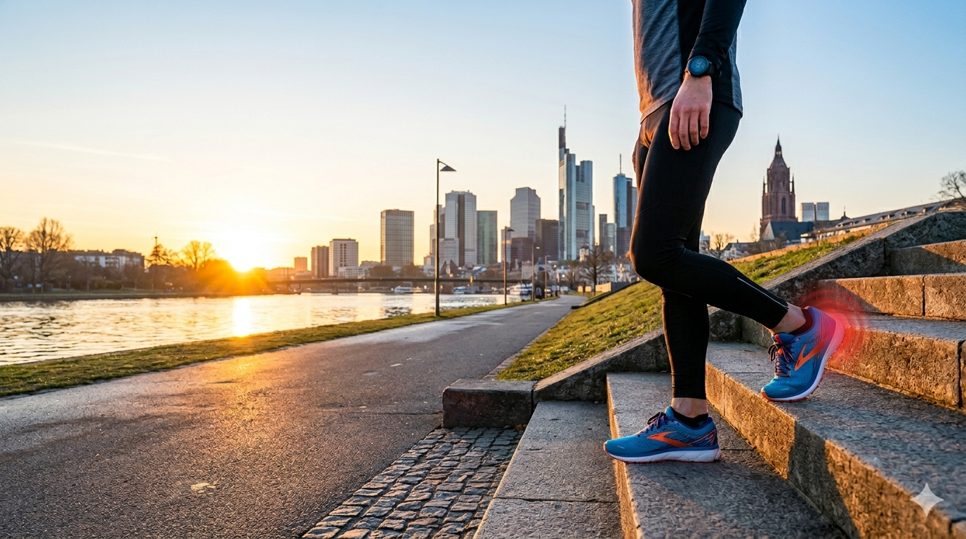 Nahaufnahme des Unterkörpers eines Läufers, der an einem Flussufer in Frankfurt bei Sonnenaufgang eine Treppe hinuntersteigt. Am rechten Fuß, der auf einer Stufe aufsetzt, ist ein rot leuchtender, pulsierender Kreis um die Ferse zu sehen, der Schmerz oder eine Verletzung wie Plantarfasziitis symbolisiert. Im Hintergrund die Skyline von Frankfurt am Main