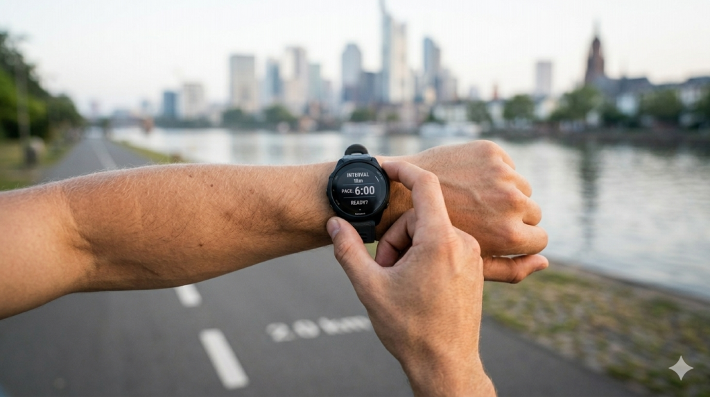 Laufanfänger stellt seine Garmin-Uhr für das Intervalltraining am Mainufer ein – Fokus auf die Pace-Anzeige.