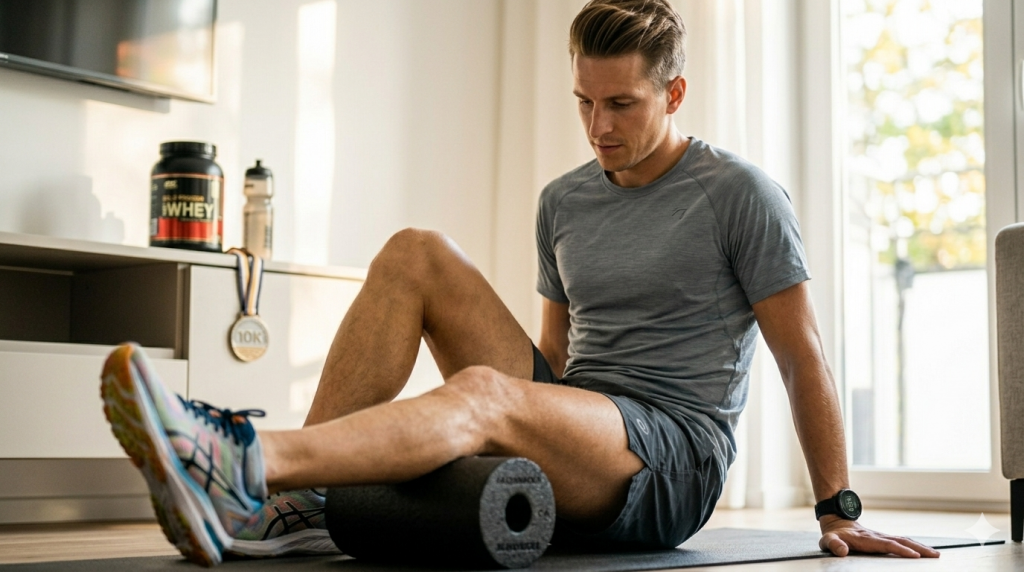 Laufanfänger massiert seine Waden mit einer Faszienrolle – Regeneration nach dem 10km-Lauf.