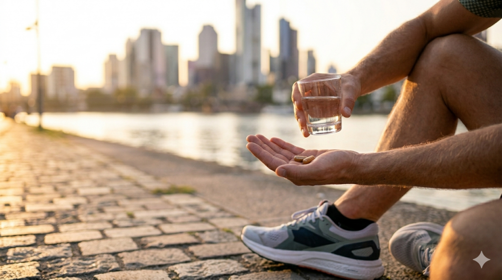 Nahaufnahme der Hand des Läufers vom Frankfurter Mainufer, der eine Magnesium-Kapsel und ein Glas Wasser hält, um seine abendliche Regeneration nach dem Training zu unterstützen.