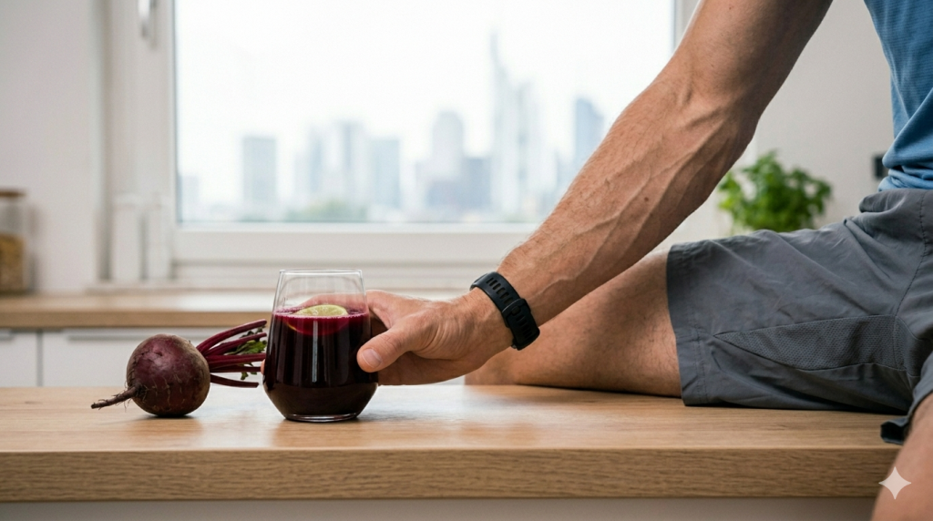 Ein Läufer in einer hellen Küche hält ein Glas Rote-Bete-Saft – Symbol für die natürliche Leistungssteigerung (Nitrate) in der Race-Week vor dem Rennen.