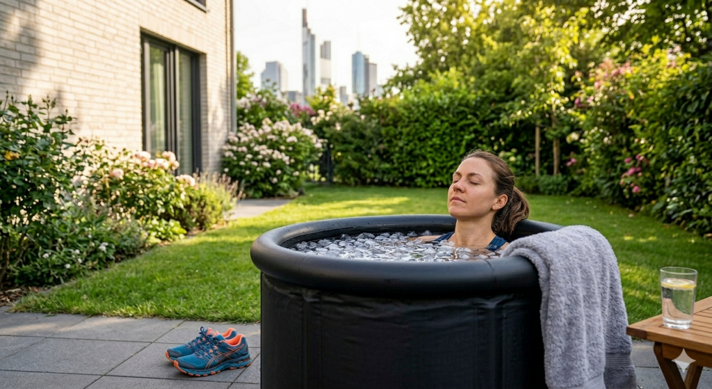 Eine junge Frau mit Pferdeschwanz sitzt entspannt mit geschlossenen Augen in einem aufblasbaren Eisbad auf einer privaten Terrasse. Sie trägt Sportkleidung. Das Bad ist mit Wasser und vielen Eiswürfeln gefüllt. Ein Handtuch liegt griffbereit auf dem Rand. Im Hintergrund ist ein gepflegter Garten mit Büschen und Pflanzen zu sehen, dahinter die Skyline von Frankfurt am Main mit ihren markanten Hochhäusern unter einem klaren Himmel. Ihre Laufschuhe stehen auf dem Boden.