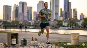 Ein sportlicher Mann läuft in Laufkleidung auf einem gepflasterten Uferweg am Main in Frankfurt am Main entlang, mit der Skyline der Stadt im Hintergrund bei Sonnenuntergang. Im Vordergrund sind verschiedene Nahrungsergänzungsmittel für Sportler arrangiert: Eine Holzbox mit einer Flasche „Magnesium-Komplex“, eine Dose „Elektrolyt-Pulver“ mit einem Messlöffel, zwei Pipettenflaschen „Vitamin D3 & K2“ und eine Tüte „Isolat-Proteinpulver“