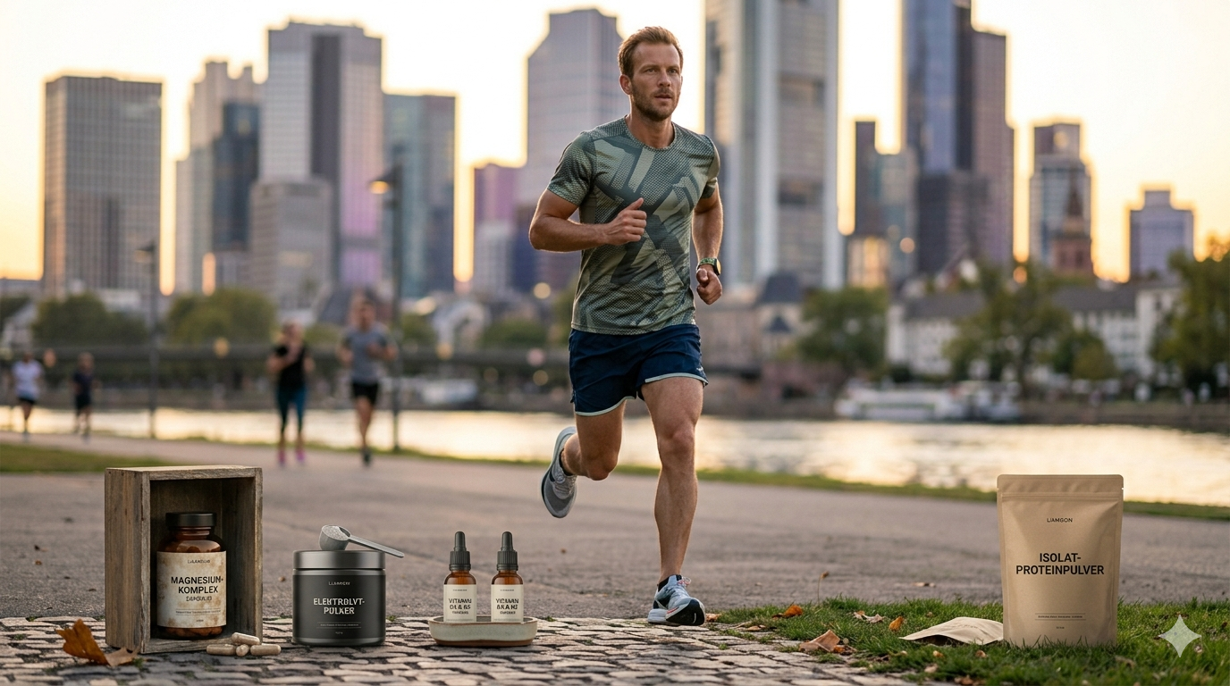 Ein sportlicher Mann läuft in Laufkleidung auf einem gepflasterten Uferweg am Main in Frankfurt am Main entlang, mit der Skyline der Stadt im Hintergrund bei Sonnenuntergang. Im Vordergrund sind verschiedene Nahrungsergänzungsmittel für Sportler arrangiert: Eine Holzbox mit einer Flasche „Magnesium-Komplex“, eine Dose „Elektrolyt-Pulver“ mit einem Messlöffel, zwei Pipettenflaschen „Vitamin D3 & K2“ und eine Tüte „Isolat-Proteinpulver“