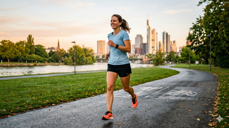 Eine glückliche junge Frau beim Lauftraining am Frankfurter Mainufer für ihren ersten 5K Laufplan für Anfänger mit Smartwatch und modernen Laufschuhen.