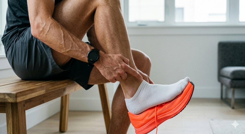 Ein Läufer sitzt pained auf einer Bank und drückt seine Zehe in einen viel zu engen Laufschuh – Visualisierung des Fehlers 1 beim Laufschuhkauf: Die falsche Größe.
