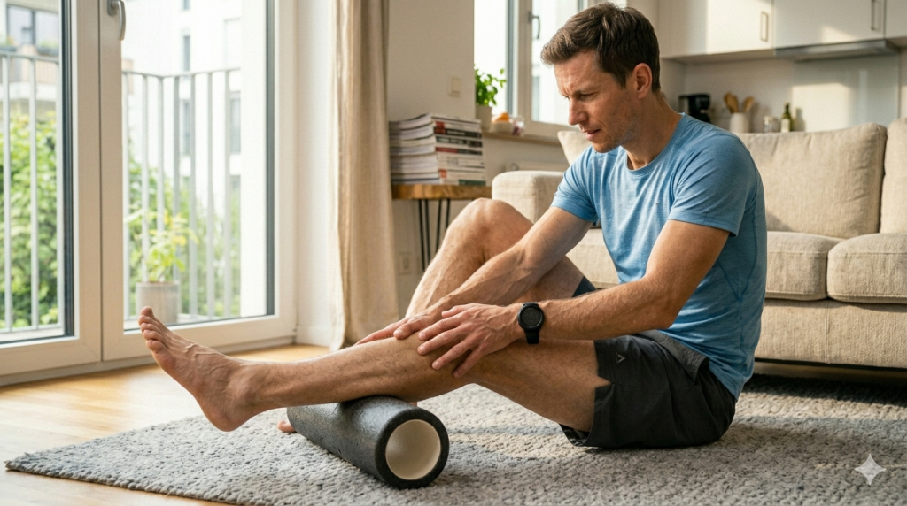 Ein Läufer sitzt auf dem Boden und massiert seine Wade mit einer Faszienrolle – effektive Sofort-Maßnahme bei Shin Splints und Schienbeinschmerzen.