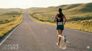 Läuferin auf einer langen Straße beim Marathontraining im Morgenlicht