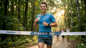 Ein glücklicher Läufer überquert die Finishline im Wald mit einer 10K-Medaille in der Hand – Symbol für einen erfolgreichen 10km-Lauf und das Ende des 8-Wochen-Trainingsplans.
