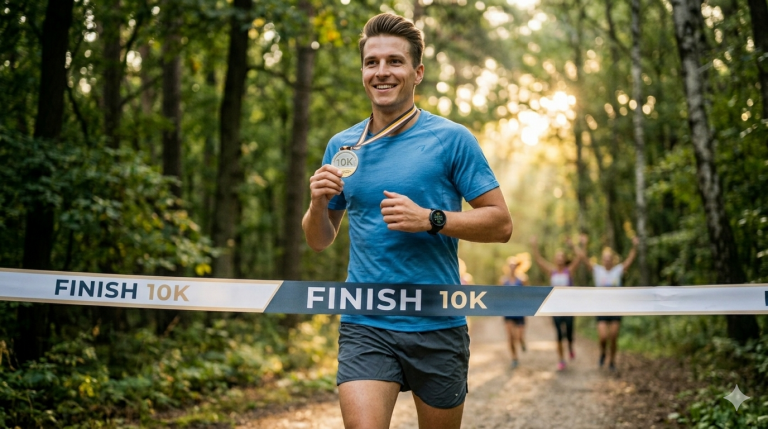 Ein glücklicher Läufer überquert die Finishline im Wald mit einer 10K-Medaille in der Hand – Symbol für einen erfolgreichen 10km-Lauf und das Ende des 8-Wochen-Trainingsplans.