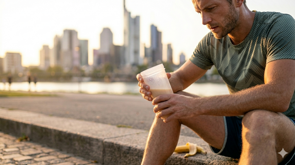 Nahaufnahme eines verschwitzten männlichen Läufers, der nach dem Training am Frankfurter Mainufer auf einer Steinstufe sitzt und mit beiden Händen einen cremigen Proteinshake hält, mit einer Bananenschale auf dem Boden daneben und der verschwommenen Frankfurter Skyline im warmen Licht des Sonnenuntergangs im Hintergrund.