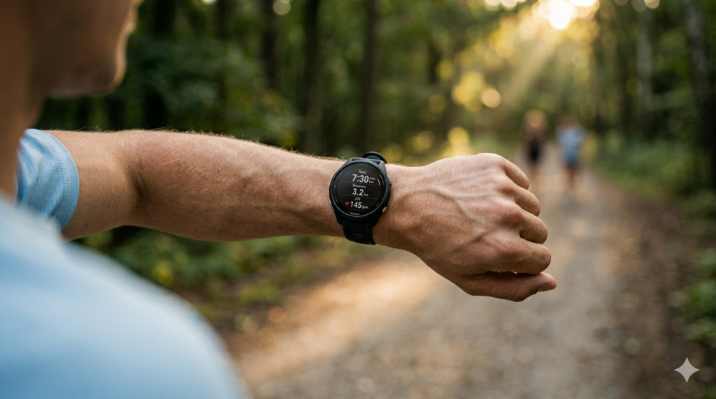 Fokus auf eine moderne GPS-Sportuhr am Handgelenk eines Läufers im Wald – Anzeige der Echtzeit-Pace beim Laufen.