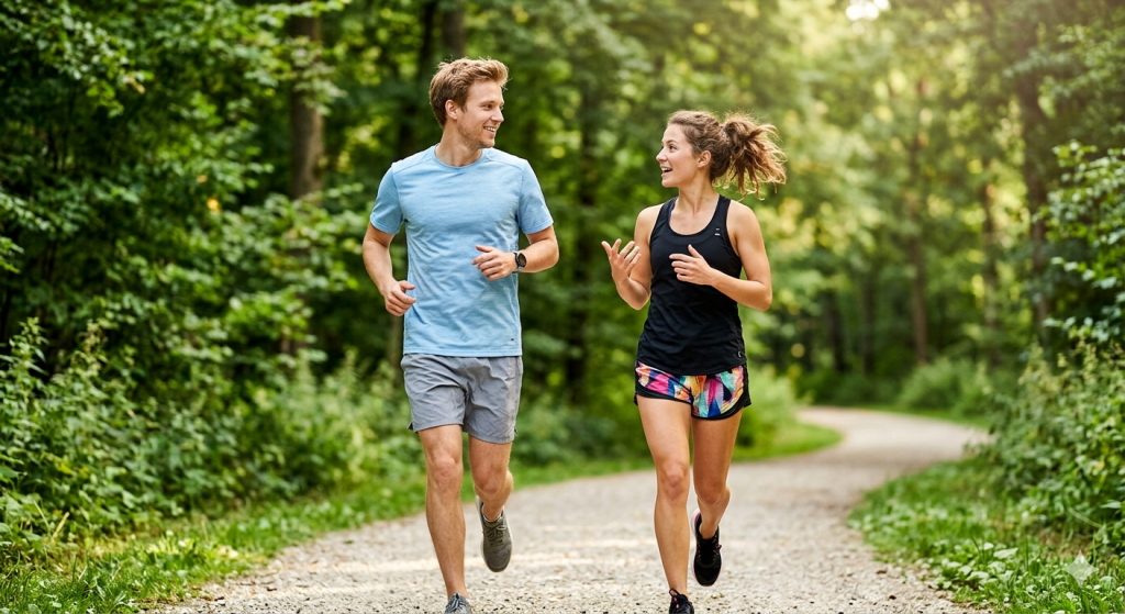 Die richtige Laufpace als Anfänger finden: Zwei Freunde laufen locker und unterhalten sich – optimales Tempo beim Laufen nach Gefühl für Anfänger.