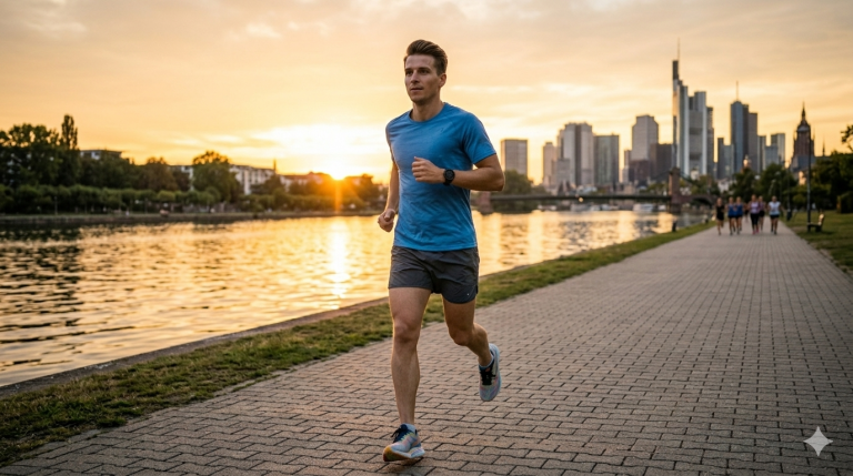 Ein engagierter Läufer am Mainufer in Frankfurt bei Sonnenaufgang – Fokus auf die weite Strecke vor ihm, Symbol für den Halbmarathon Trainingsplan.