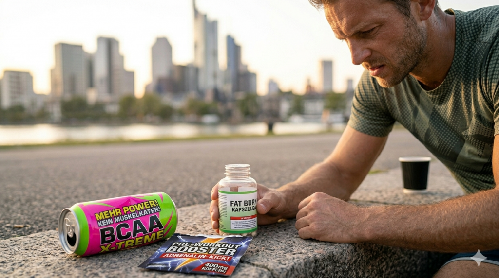 Ein nachdenklicher Läufer sitzt am Frankfurter Mainufer und betrachtet skeptisch eine bunte BCAA-Dose, eine Packung Fatburner-Kapseln und ein Pre-Workout-Sachet, während im Hintergrund ein einfacher schwarzer Kaffee als effektive Alternative steht.