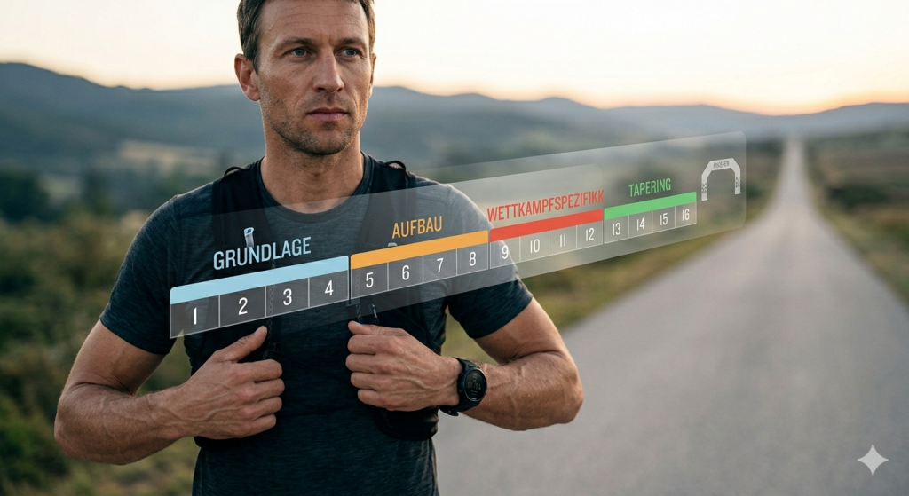 Ein fokussierter Läufer prüft seine GPS-Laufuhr vor dem Marathon-Training – Visualisierung des 16-Wochen-Trainingsplans mit Phasen auf sportspots.de
