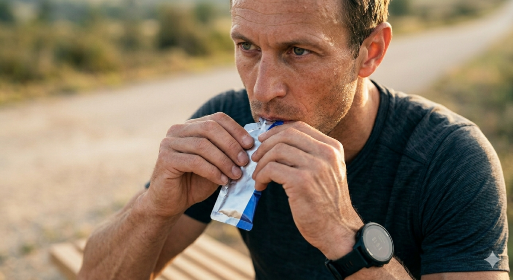 Ein Läufer nimmt nach einem langen Marathon-Trainingslauf ein Energiegel zu sich, um seine Speicher aufzufüllen – Ernährungs-Tipps von sportspots.de