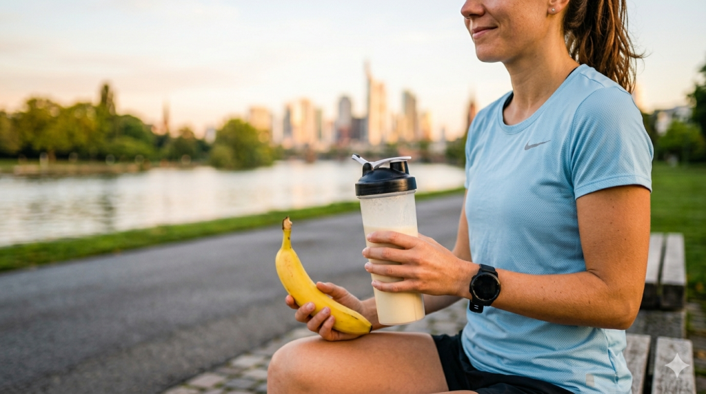 Läuferin am Mainufer Frankfurt tankt Energie mit einer Banane und einem Whey Protein Shake für optimale Regeneration nach dem 5K Training.