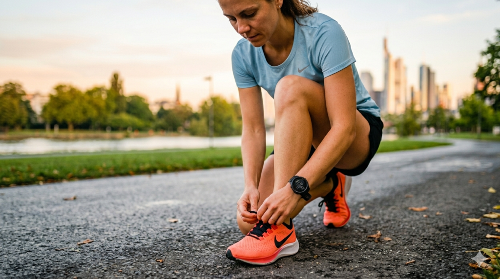 Laufanfängerin am Frankfurter Mainufer checkt ihre Garmin Smartwatch und bindet ihre Laufschuhe vor dem Training.