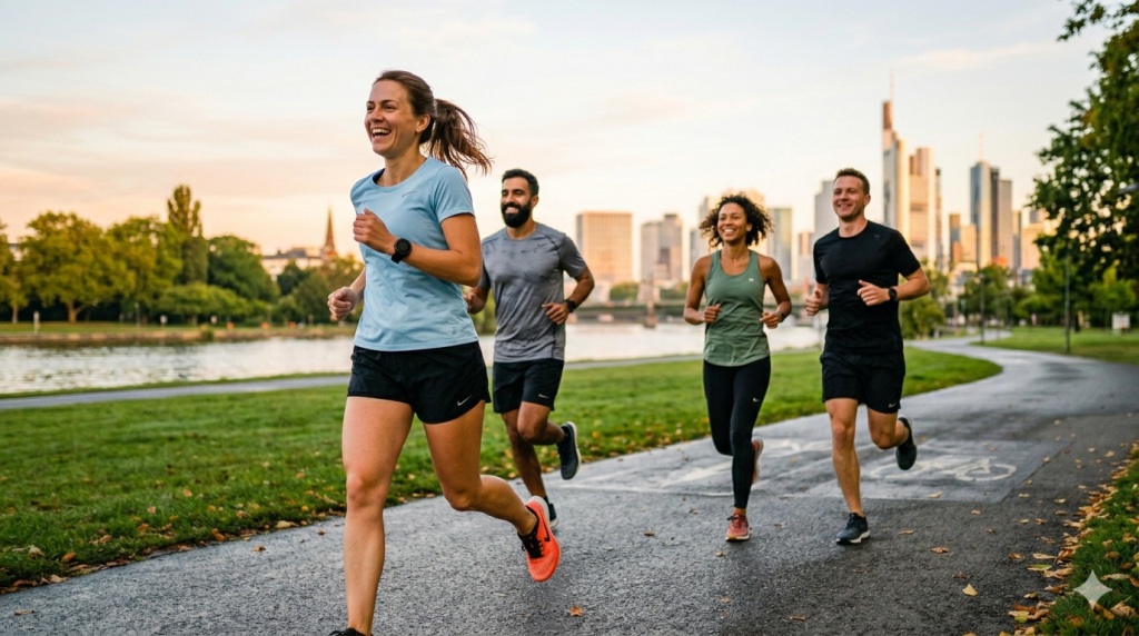 Läuferin am Mainufer Frankfurt schließt sich einer fröhlichen Laufgruppe an, um Motivation für ihren 5K Plan zu tanken.