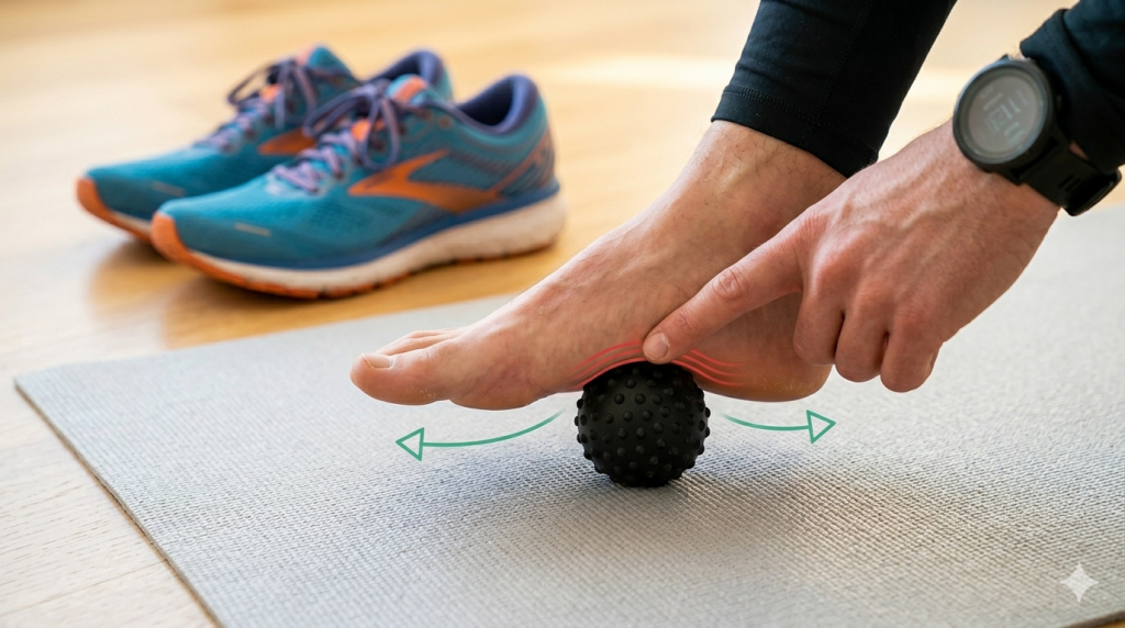 Detailaufnahme: Der barfüßige Fuß (aus Bild 1) wird auf einer grauen Matte über einen schwarzen Faszienball gerollt, um die Plantarfaszie zu massieren und zu lockern.
