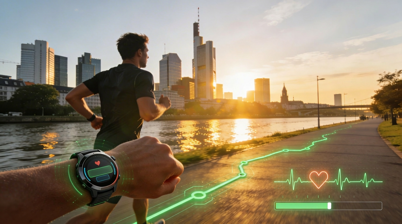 Athletischer Läufer mit GPS-Laufuhr sprintet bei Sonnenaufgang durch Frankfurts Skyline. Subtile Tech-Overlays zeigen GPS-Track, Herzfrequenzgrafik und Akkulaufzeit-Balken im goldenen Morgenlicht.