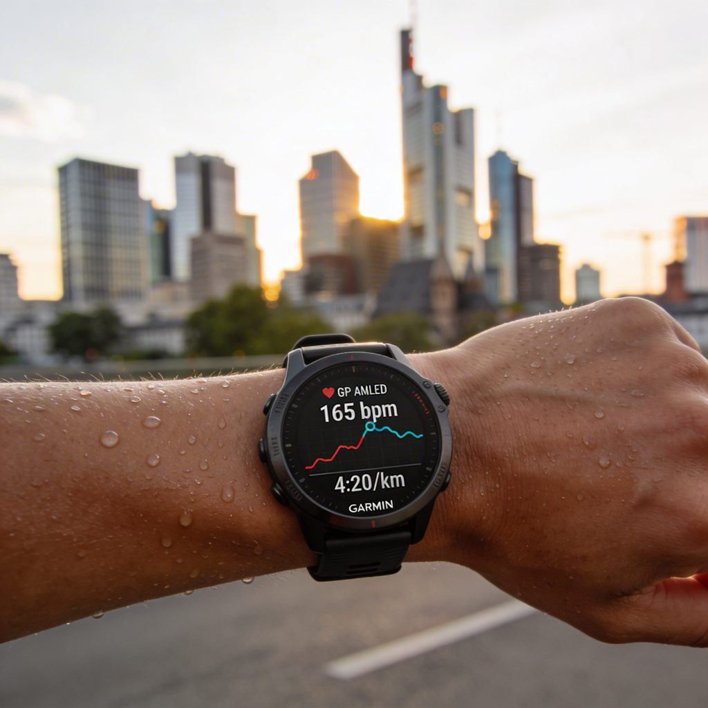 Moderne Laufuhr am Handgelenk zeigt GPS-Track, Pace 4:20/km und Herzfrequenz 165 bpm während Urban-Run.