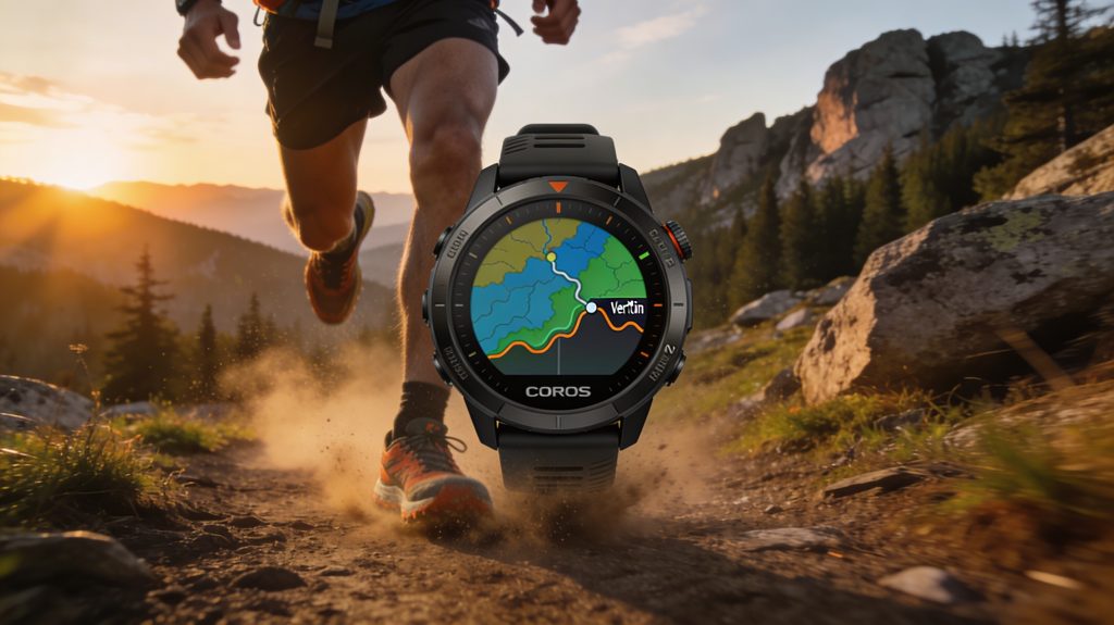 Trailrunner mit GPS-Uhr und Offline-Karten auf Bergpfad – Höhenprofil und Navigation im Display.