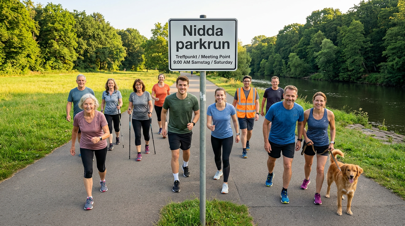 Gruppe motivierter Läufer vor Nidda parkrun Schild im sonnigen Niddapark, Frankfurt – kleiner Startmoment um 9 Uhr.