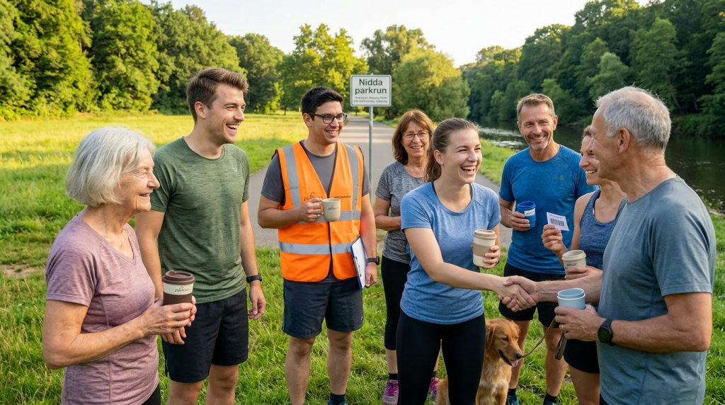 Läufer mit Kaffeebechern nach Nidda parkrun im Niddapark – entspanntes Community-Pläuschchen bei sonnigem Wetter.