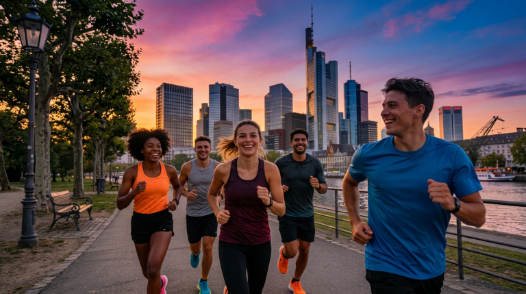 Lachende Laufgruppe Local Legends joggt bei Frankfurter Skyline-Sonnenuntergang durch Parks, urbaner Community-Vibe.