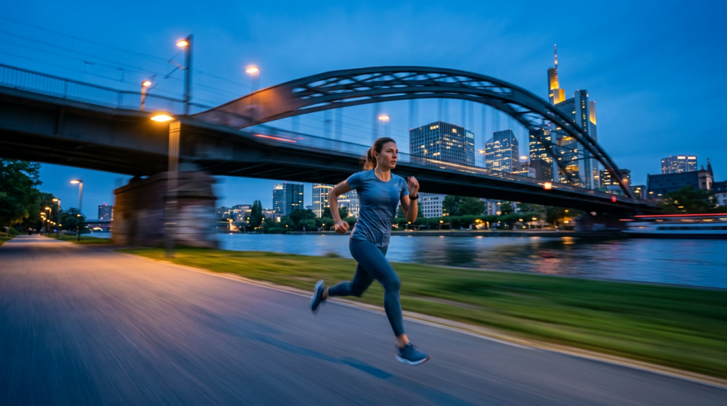 Dynamischer Läufer sprintet bei Frankfurter Dämmerung durch Ostend-Pfade, Skyline und Stadtlichter im Hintergrund, urbanes Lauf-Abenteuer.
