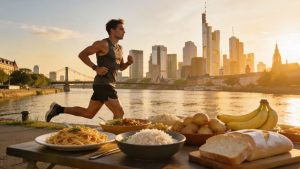 Was essen vor Halbmarathon oder Marathon? Läufer mit Carboloading Pasta-Buffet Mainufer Frankfurt
