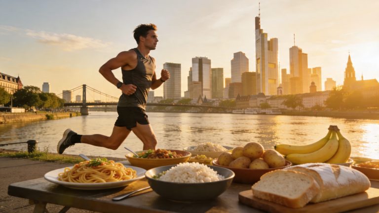 Was essen vor Halbmarathon oder Marathon? Läufer mit Carboloading Pasta-Buffet Mainufer Frankfurt