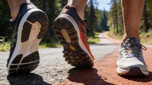 Drei verschiedene Laufschuhe mit unterschiedlichen Profilen – Asphalt-, Trail- und Laufband-Modelle – nebeneinander auf gemischtem Untergrund