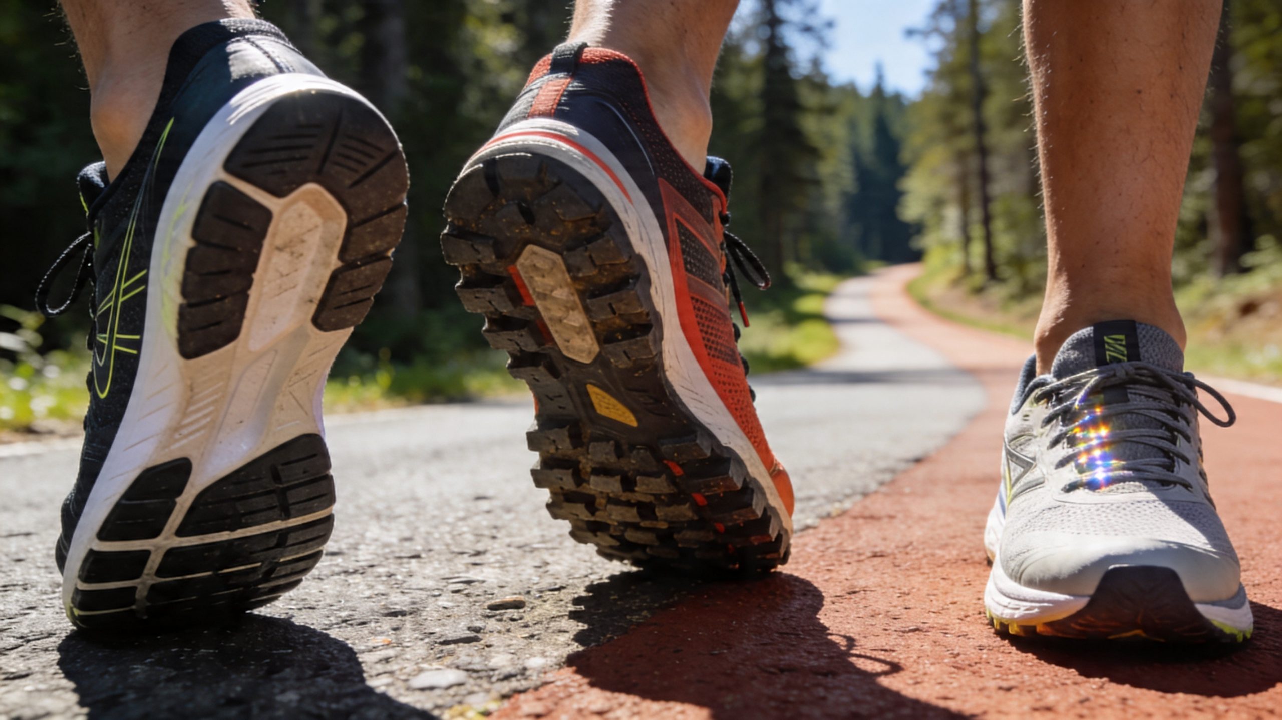 Drei verschiedene Laufschuhe mit unterschiedlichen Profilen – Asphalt-, Trail- und Laufband-Modelle – nebeneinander auf gemischtem Untergrund