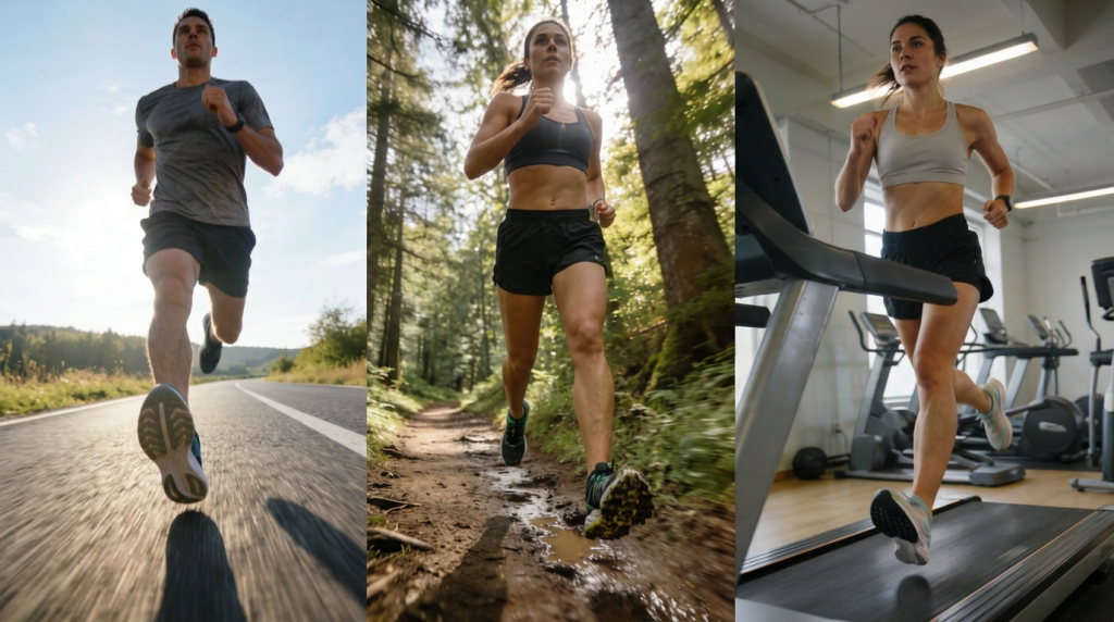 Läufer mit passenden Laufschuhen in Aktion: Asphalt-Dämpfungsschuhe links mit korrekter Sohle, Trail-Profil mitte, leichter Laufband-Schuh rechts.